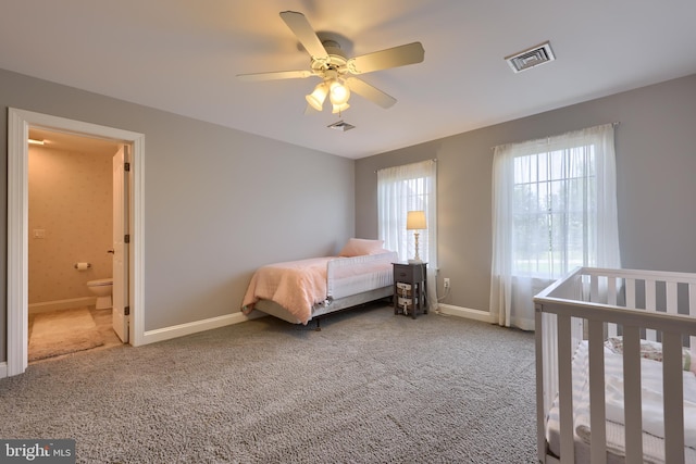 bedroom with baseboards, visible vents, ceiling fan, and carpet flooring