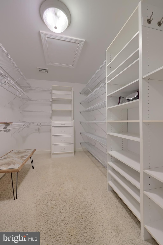 spacious closet with attic access and visible vents