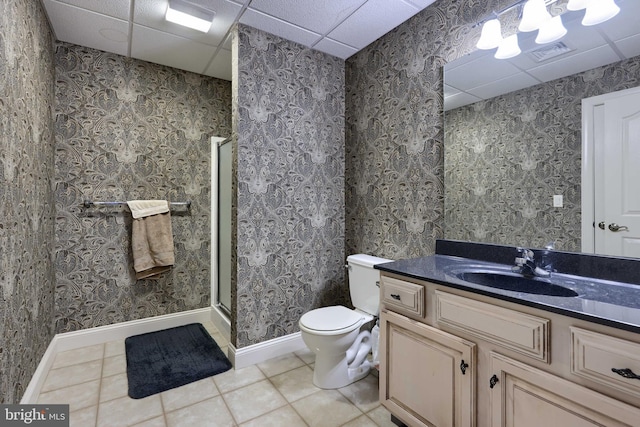 full bathroom featuring wallpapered walls, tile patterned flooring, visible vents, and a shower stall