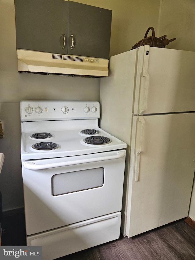 kitchen featuring dark wood-type flooring and white appliances