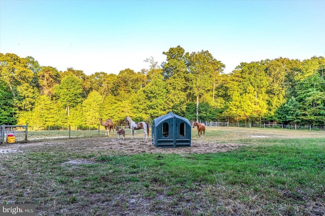 view of yard with an outbuilding and a rural view