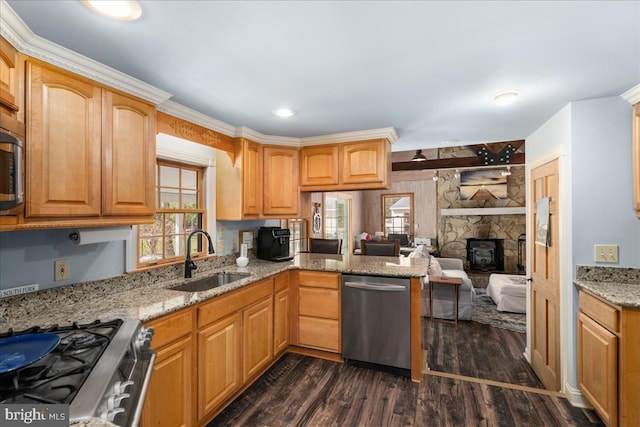 kitchen with light stone countertops, appliances with stainless steel finishes, dark hardwood / wood-style flooring, sink, and kitchen peninsula