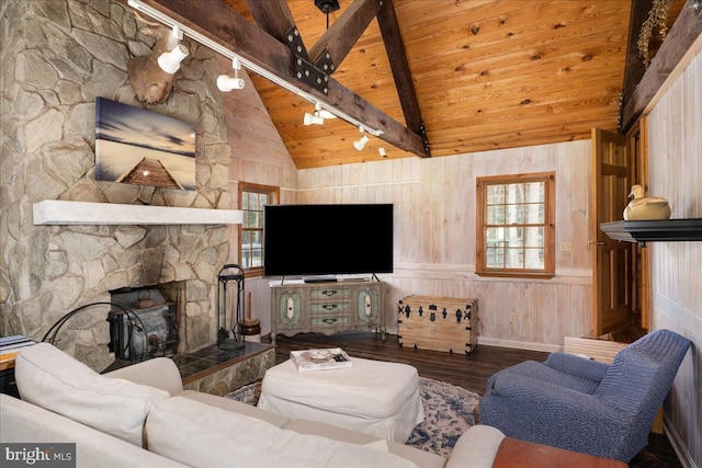 living room featuring rail lighting, wooden walls, wooden ceiling, a fireplace, and beam ceiling