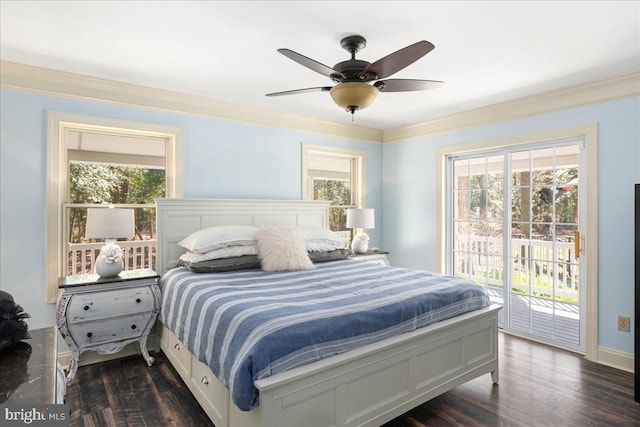 bedroom featuring ceiling fan, access to exterior, dark hardwood / wood-style floors, and crown molding