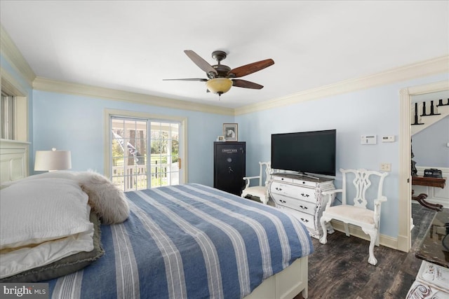 bedroom featuring ceiling fan, access to exterior, crown molding, and dark hardwood / wood-style flooring