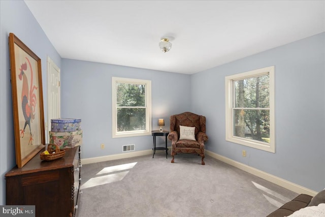 living area with plenty of natural light and carpet flooring