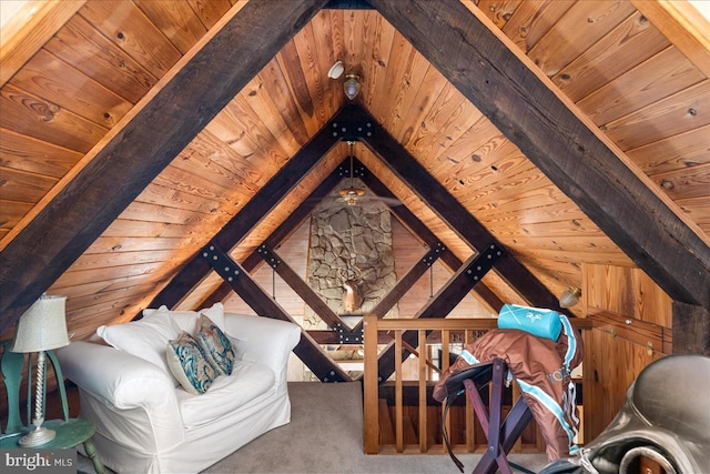 interior space with wooden ceiling, carpet, and vaulted ceiling with beams