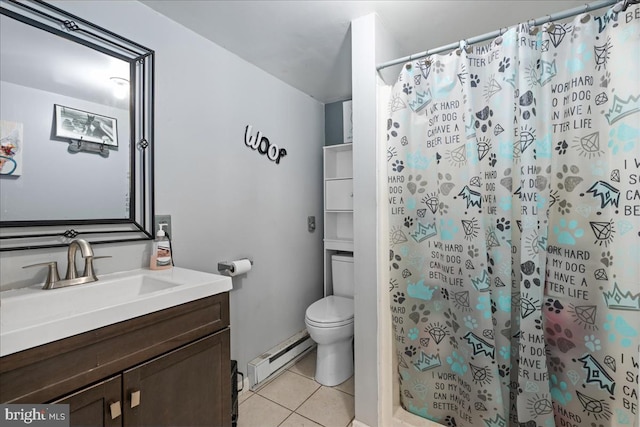 bathroom with vanity, baseboard heating, tile patterned floors, and curtained shower