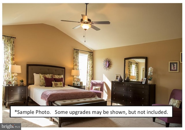 bedroom featuring ceiling fan, carpet floors, and vaulted ceiling