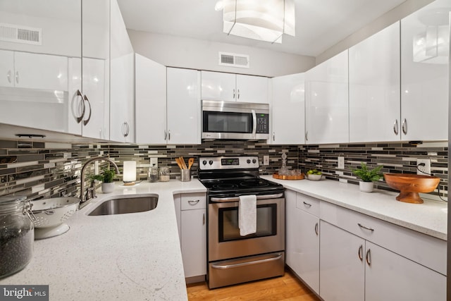 kitchen with white cabinets, backsplash, sink, and stainless steel appliances