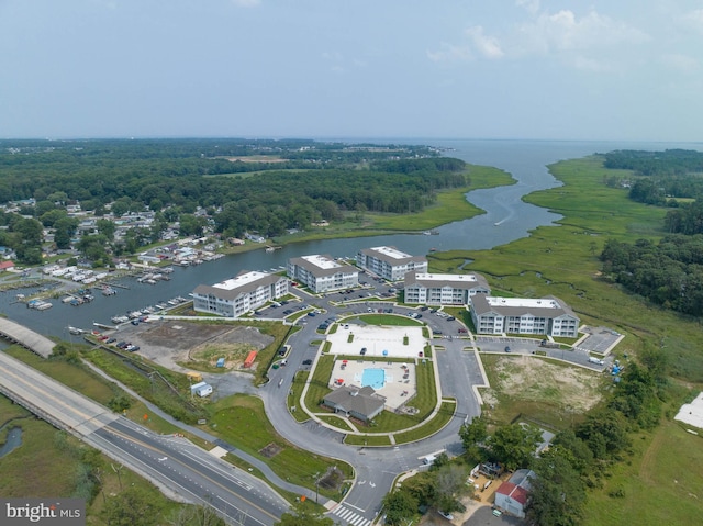 aerial view featuring a water view