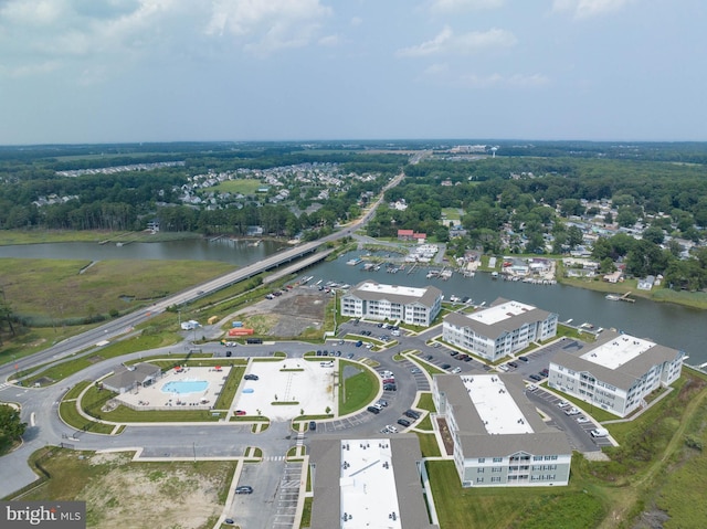 birds eye view of property featuring a water view