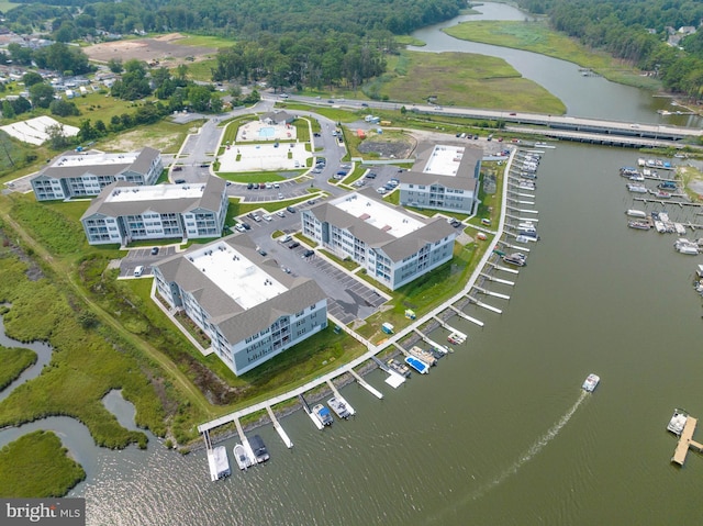 bird's eye view with a water view