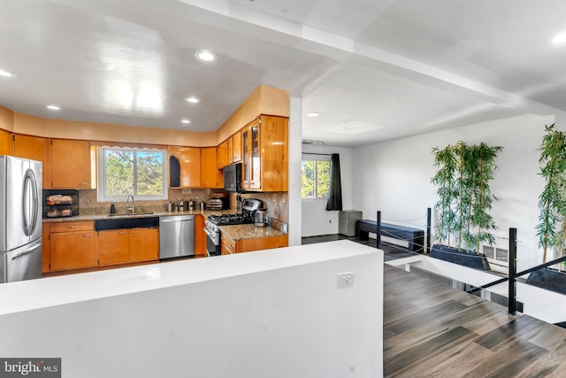 kitchen with stainless steel appliances, dark hardwood / wood-style flooring, sink, and decorative backsplash