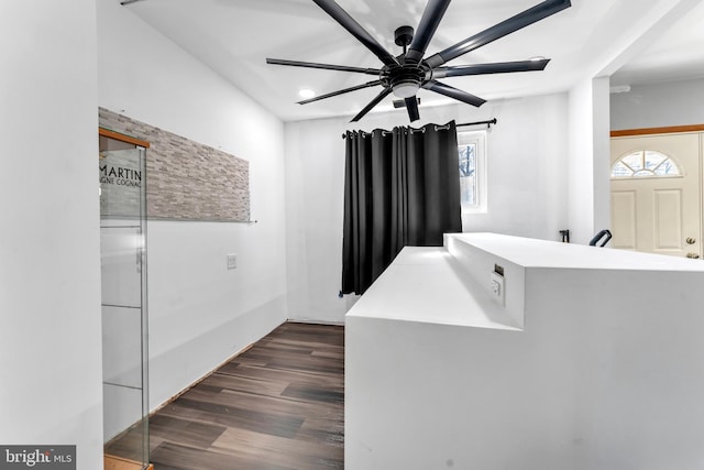 bathroom featuring a wealth of natural light, hardwood / wood-style floors, and ceiling fan