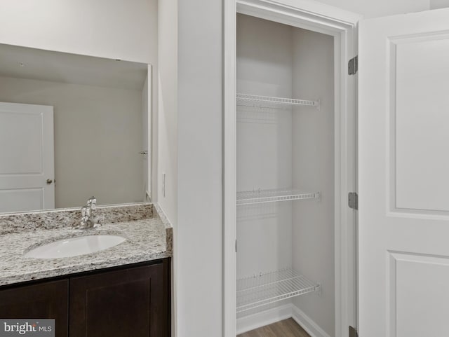 bathroom with hardwood / wood-style floors and vanity