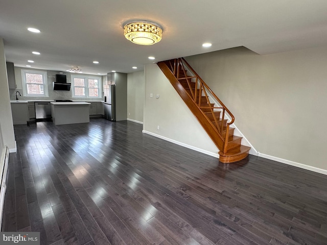 unfurnished living room with sink and dark hardwood / wood-style floors