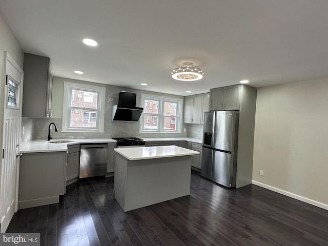 kitchen featuring extractor fan, appliances with stainless steel finishes, dark wood-type flooring, a kitchen island, and sink