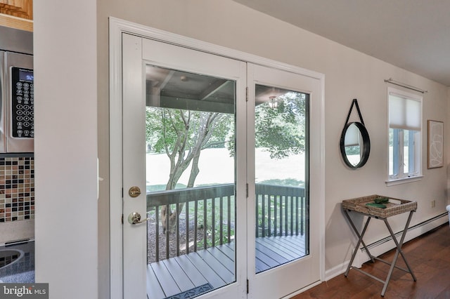 entryway with baseboard heating and dark hardwood / wood-style floors