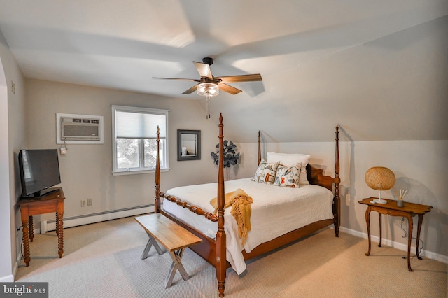 carpeted bedroom featuring ceiling fan, a baseboard heating unit, lofted ceiling, and a wall mounted air conditioner