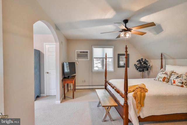 carpeted bedroom with ceiling fan, a wall mounted AC, baseboard heating, and lofted ceiling