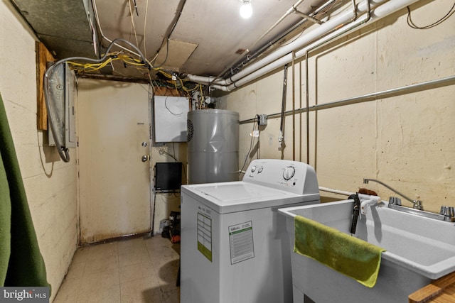 laundry area with sink, water heater, and washer / clothes dryer