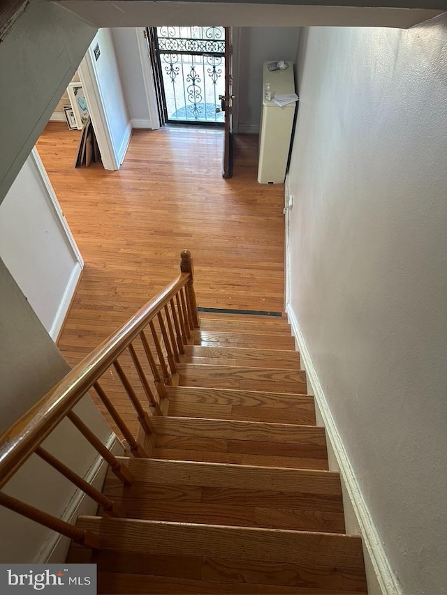 staircase featuring wood-type flooring