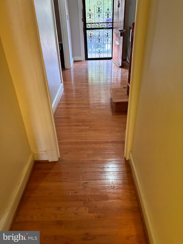 corridor with hardwood / wood-style flooring