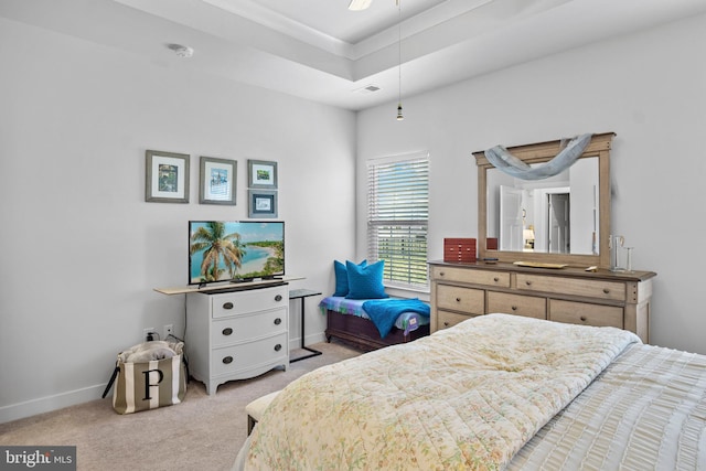 carpeted bedroom featuring a raised ceiling