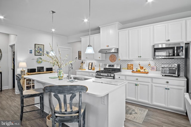 kitchen with appliances with stainless steel finishes, a kitchen island with sink, hanging light fixtures, white cabinets, and sink