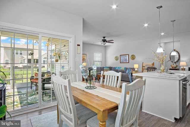 dining area with ceiling fan, dark wood-type flooring, and sink