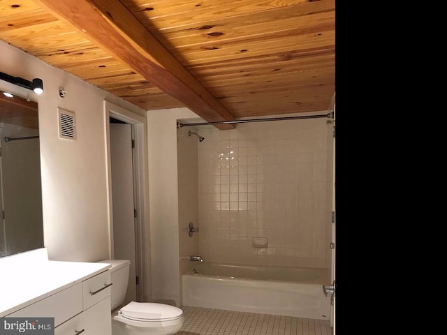 full bathroom with toilet, bathtub / shower combination, tile patterned floors, beam ceiling, and vanity