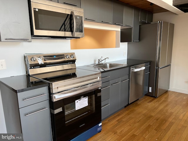 kitchen with light wood-type flooring, sink, gray cabinets, and stainless steel appliances