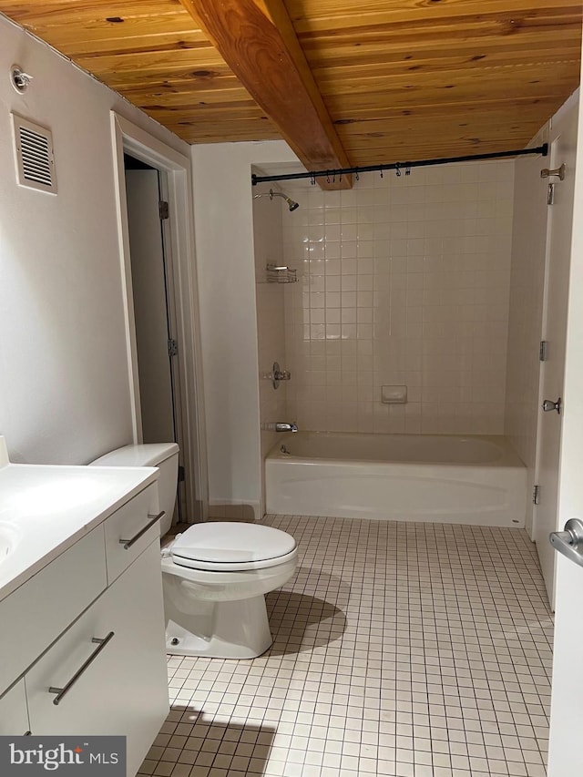 full bathroom with wooden ceiling, vanity, tiled shower / bath, and tile patterned flooring