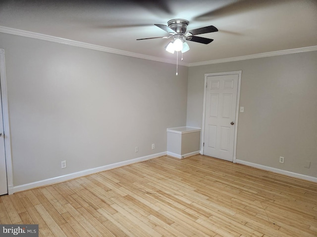 unfurnished room with ceiling fan, ornamental molding, and light wood-type flooring