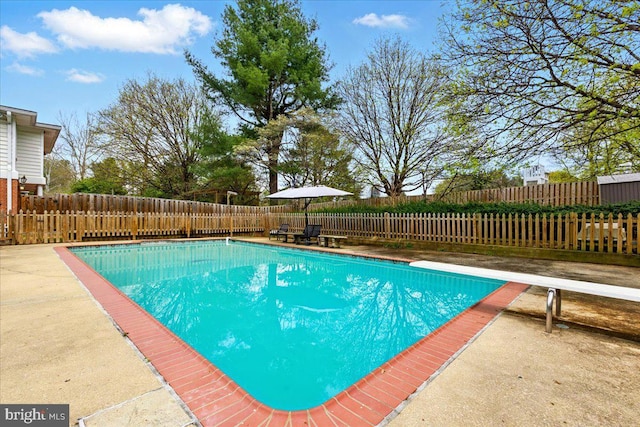 view of pool featuring a fenced backyard, a diving board, a patio area, and a fenced in pool