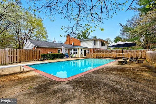 view of swimming pool featuring a fenced backyard, a patio, and a fenced in pool