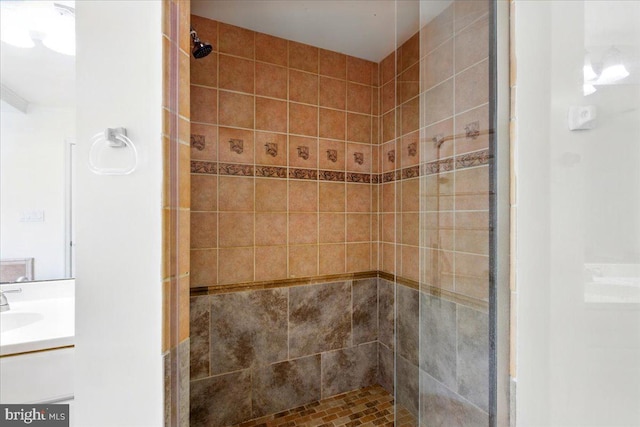 bathroom with a shower stall and vanity