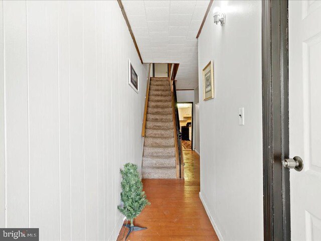 hall with wood-type flooring and crown molding