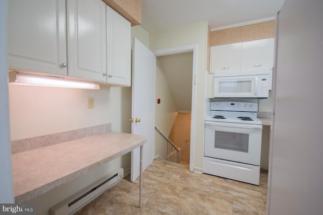 kitchen featuring a baseboard heating unit, white cabinetry, and white appliances