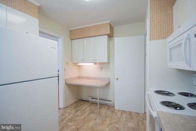 kitchen with white cabinetry, white appliances, and a baseboard heating unit