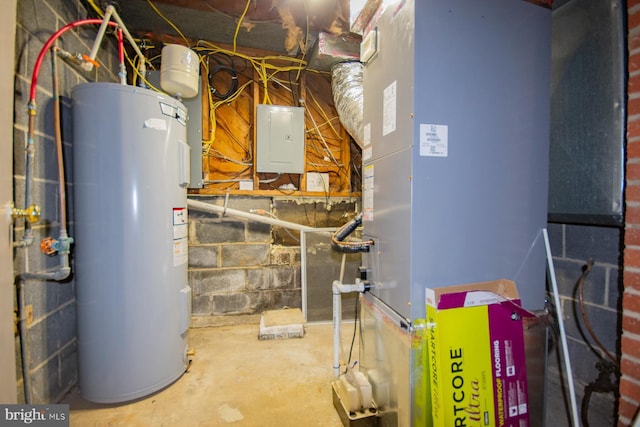 utility room with electric water heater, heating unit, and electric panel