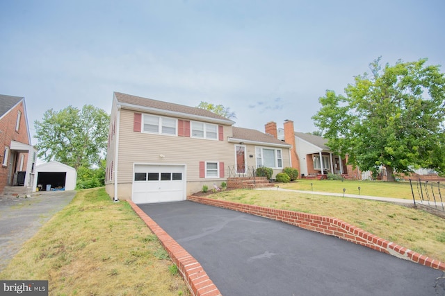 tri-level home featuring a front lawn and a garage