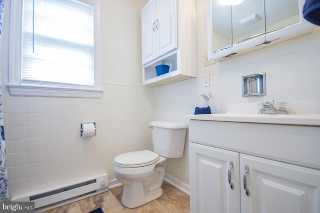 bathroom with toilet, decorative backsplash, a baseboard radiator, tile walls, and vanity