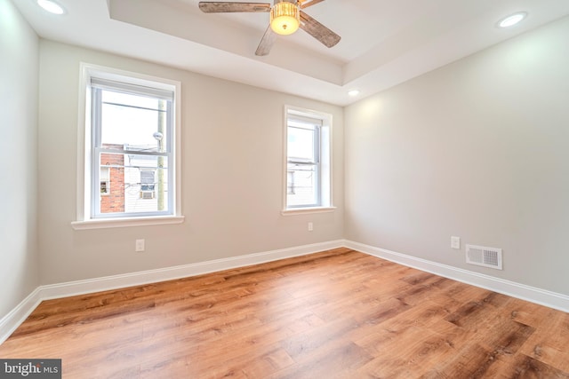 spare room featuring plenty of natural light, light hardwood / wood-style flooring, and a raised ceiling