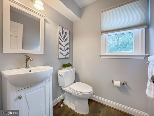 bathroom featuring toilet, vanity, and wood-type flooring