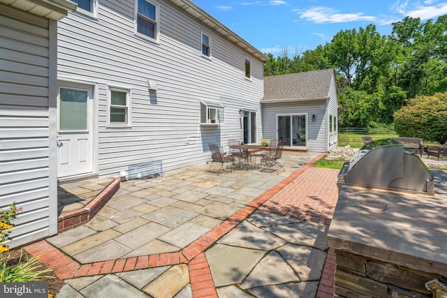 rear view of property featuring exterior kitchen and a patio area