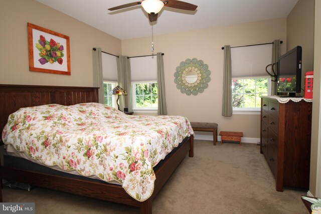 bedroom with ceiling fan, multiple windows, baseboards, and light carpet