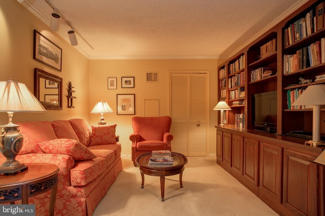 sitting room with track lighting, ornamental molding, light carpet, and a textured ceiling