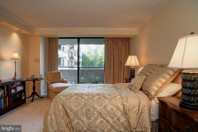 bedroom featuring light carpet, access to exterior, crown molding, and a textured ceiling